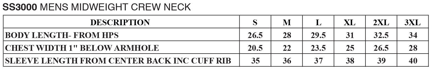 8PE Wear Foundational Midweight Crewneck manufacturer size chart